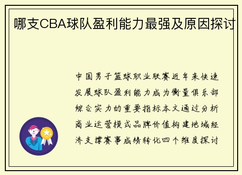 哪支CBA球队盈利能力最强及原因探讨